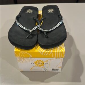Yellow Box Black Sandals with Silver Accents